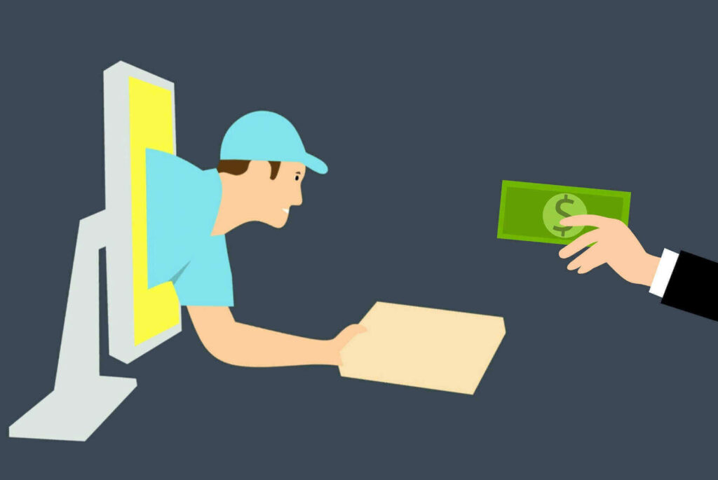 Courier handing a package and a person holding a banknote