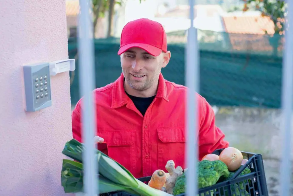 Man delivering a basket with vegetables