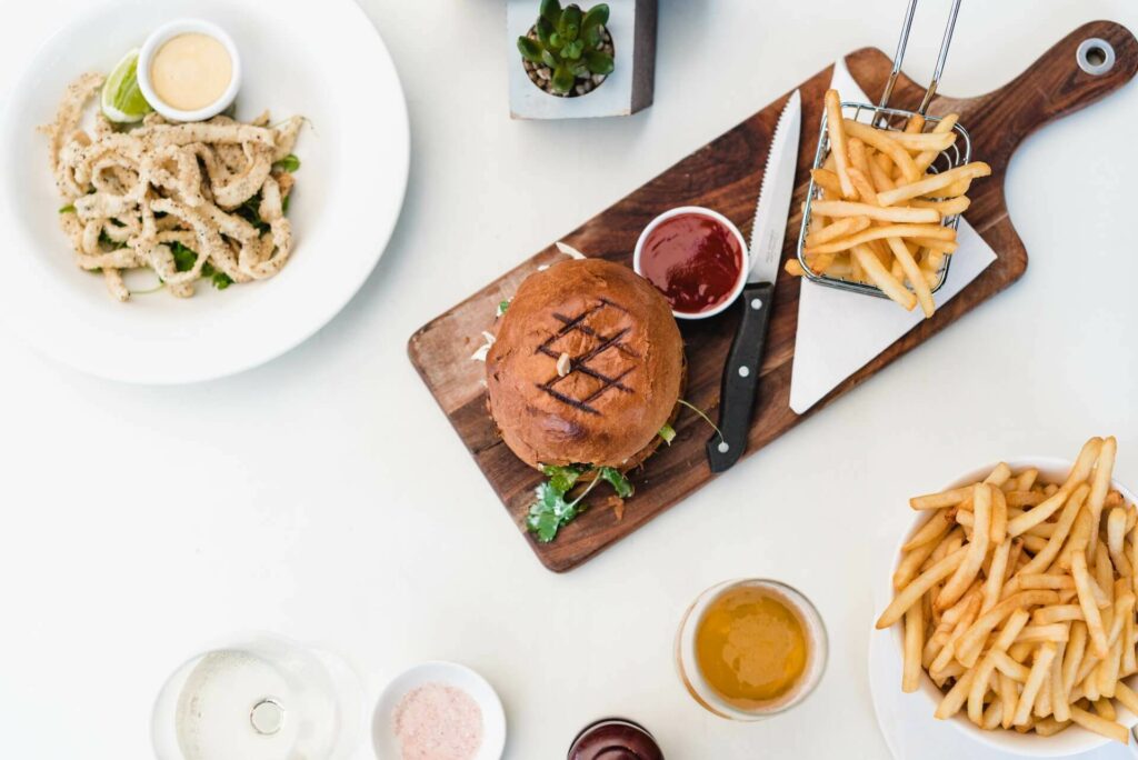 Burger and fries on the table